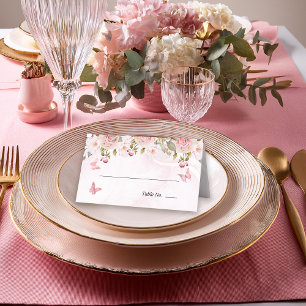 Cartão De Mesa Rosas Florais Borboletas Florais Mármore Rosa