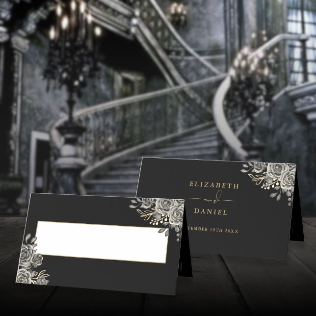 Cartão De Mesa Rosas Florais Gótica Negra E Casamento Dourado Dob (Gothic Floral Roses Black And Gold Wedding Folded Place Card)