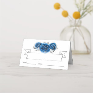 Cartão De Mesa Rosas Prata e Azul Real Mesa Elegante Dobrável