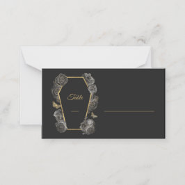 Cartão De Mesa Rosas Pretos e Dourados Casamento Gótico Coffin Do