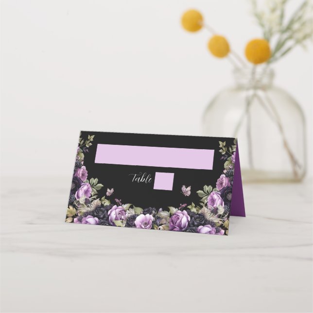 Cartão De Mesa Roxo Gótico e Florais Negra Moody Quinceañera (Frente)