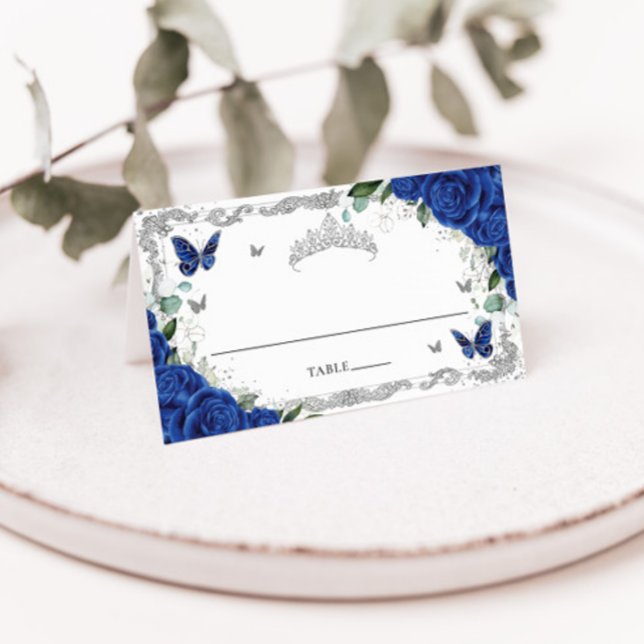Cartão De Mesa Royal Blue Floral Borboletas Quinceañera Sweet 16 (Criador carregado)