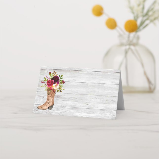 Cartão De Mesa Rustic Boho Country Western Marsala Burgundy Boot (Frente)