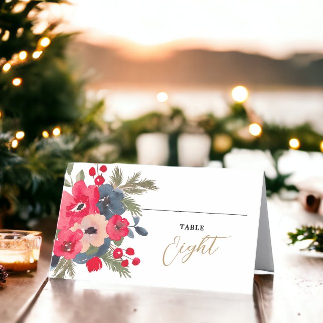 Cartão De Mesa Rustic Elegant Winter Floral green (Rustic Elegant Winter Floral red green Place Card)