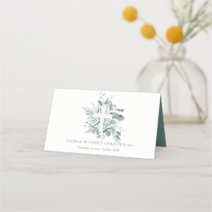 Cartão De Mesa Rustic Eucalyptus Fern Foliage Cross Christening