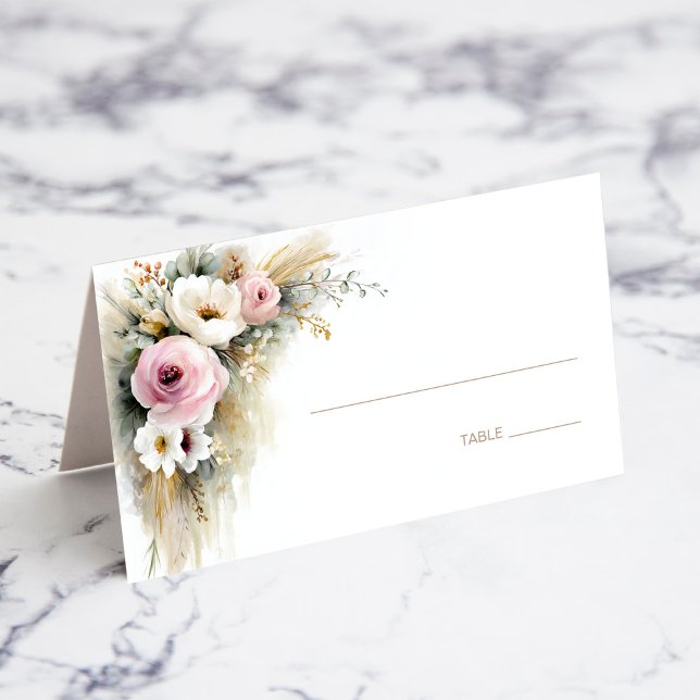 Cartão De Mesa Rustic Pink and White Floral Wedding Place Card (Criador carregado)