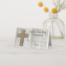 Cartão De Mesa Rustic Wood Cross First Commune - Place Card