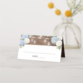 Cartão De Mesa Rústica Madeira Azul Hydrangea String Luzes Mason 