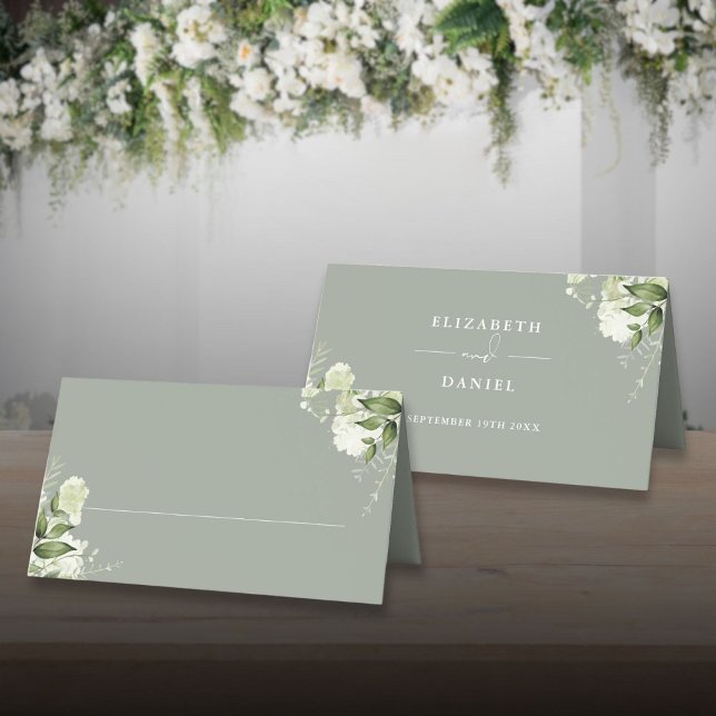Cartão De Mesa Sage Green Floral Greenery Casamento Dobrado (Sage Green Floral Greenery Wedding Folded Place Card)