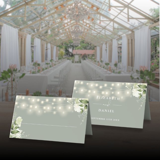 Cartão De Mesa Sage Green Floral Greenery String Luzes Casamento (Sage Green Floral Greenery String Lights Wedding Place Card)
