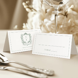 Cartão De Mesa Sage Green French Rosas Monograma Crest Casamento