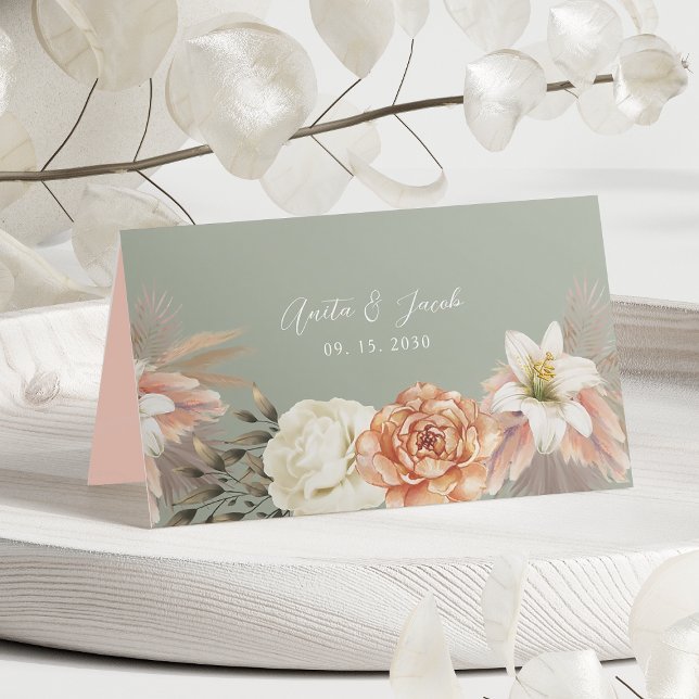 Cartão De Mesa Sage Green Peach Floral Place Card (Criador carregado)