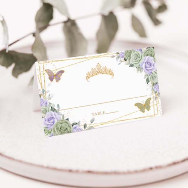 Cartão De Mesa Sage Green Purple Rosa Floral Quinceañera Aniversá (purple lilac sage green floral butterflies gold quinceanera sweet 16 birthday tent table place cards)