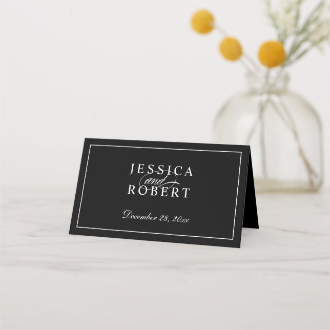 Cartão De Mesa Script branco e preto elegante (Frente)