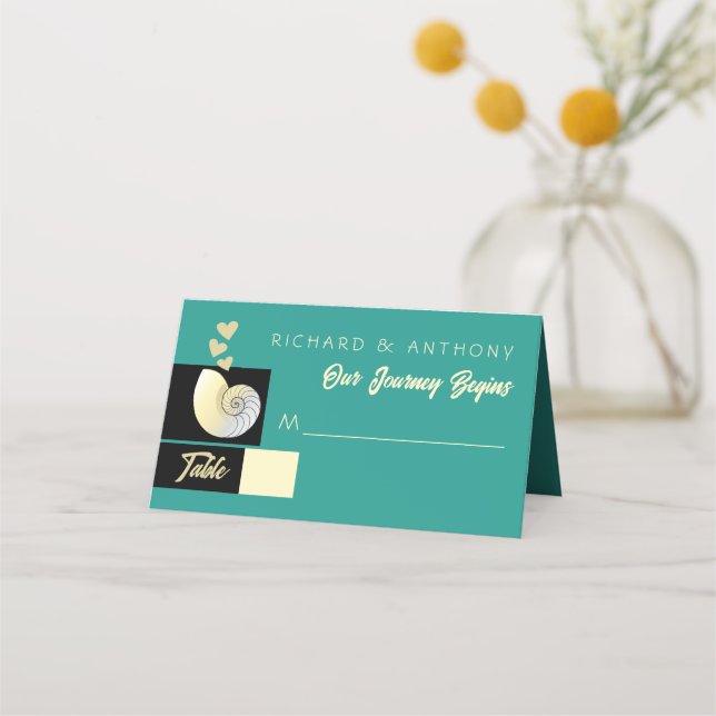 Cartão De Mesa Seashell and Hearts, Beach Wedding (Frente)