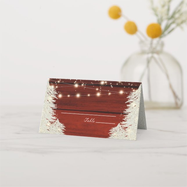 Cartão De Mesa Shimmer Rustic Wood String Luzes Árvores Casamento (Frente)
