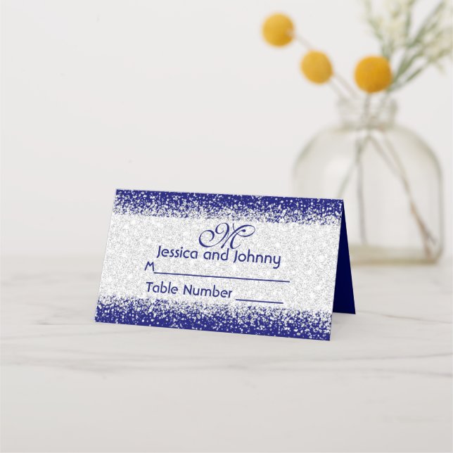 Cartão De Mesa Silver Glitter Confetti e Royal Blue (Frente)