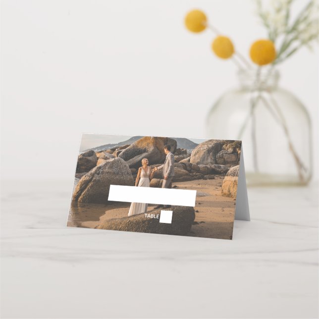 Cartão De Mesa Simples Elegante 2Photo Overlay Script Weding Favo (Frente)