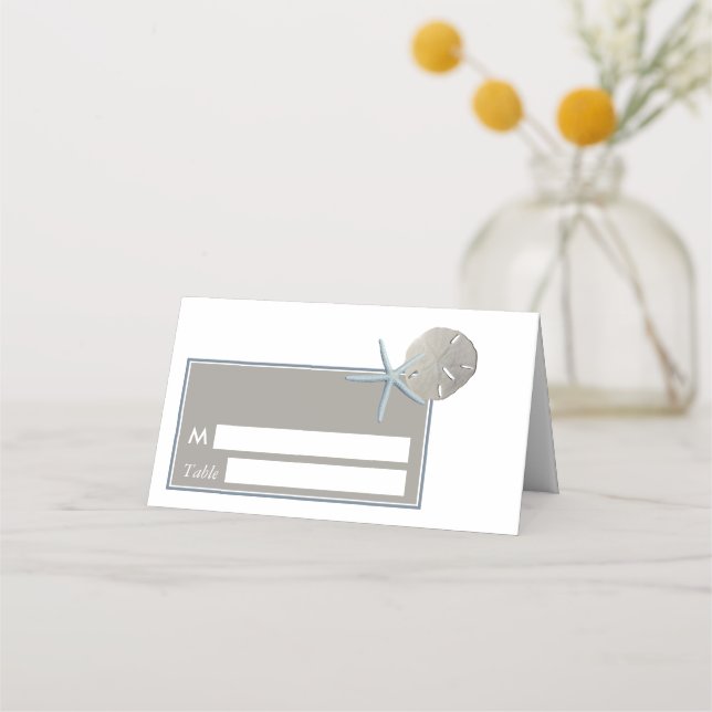 Cartão De Mesa Starfish e Sand Dollar - Casamento de Praia (Frente)