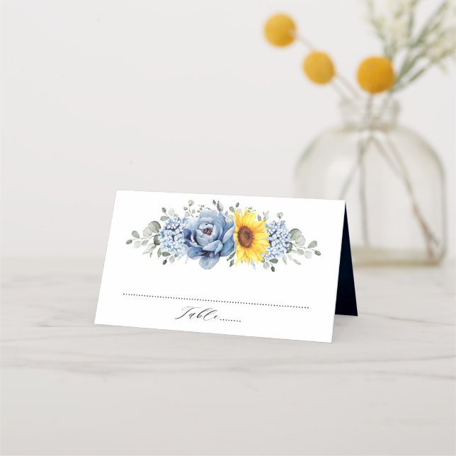 Cartão De Mesa Sunflower Dusty Blue Slate Peony Casamento Floral (Frente)