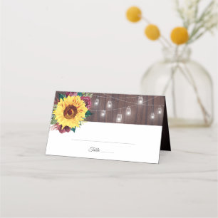 Cartão De Mesa Sunflower Mason Jar Lights Wood Casamento