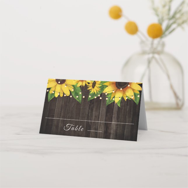 Cartão De Mesa Sunflower Rustic Wood String Luzes Casamento (Frente)