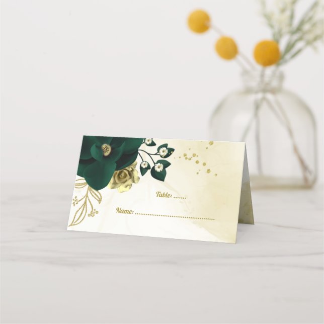 Cartão De Mesa Surpreendentes flores de ouro verde esmeralda (Frente)