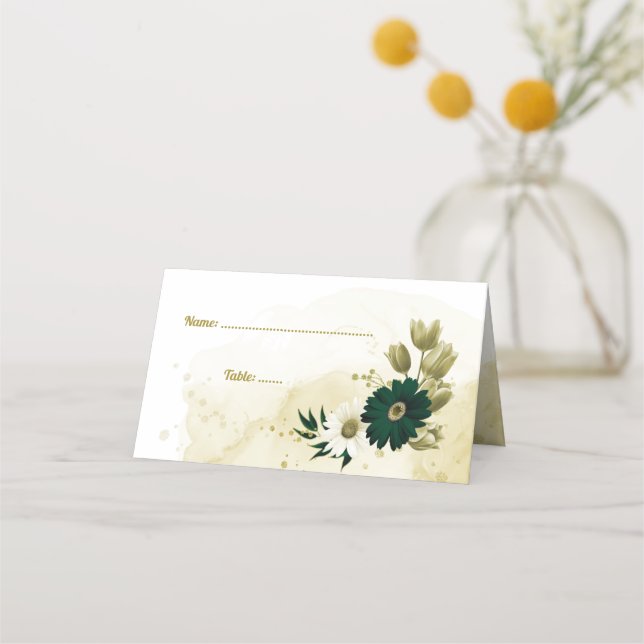 Cartão De Mesa Surpreendentes flores de ouro verde esmeralda (Frente)