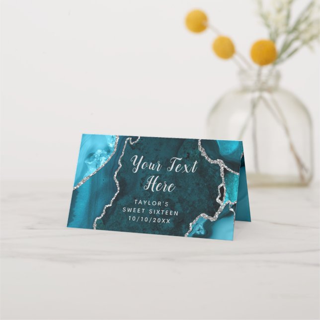 Cartão De Mesa Teal e Prata Marble Sweet Sessenta (Frente)