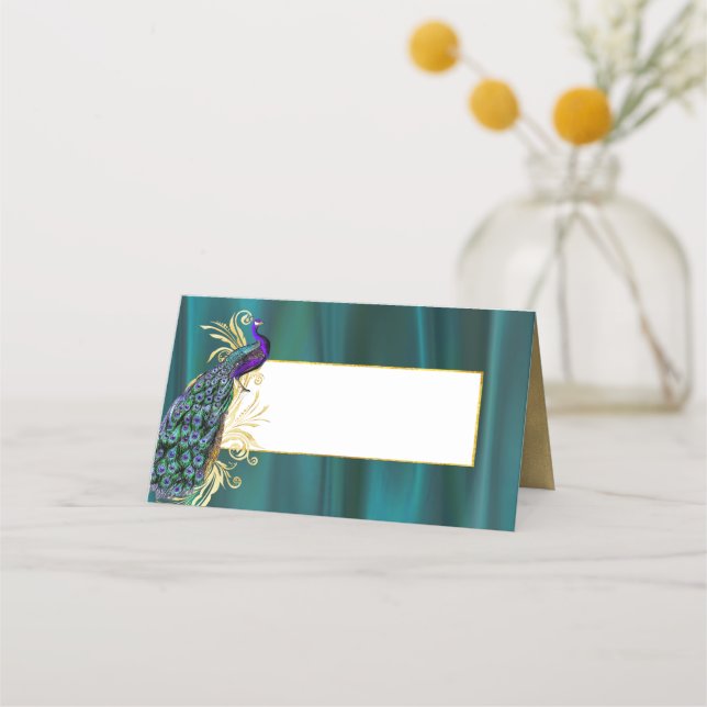 Cartão De Mesa Teal Satin e Peacock Wedding Place Card (Frente)
