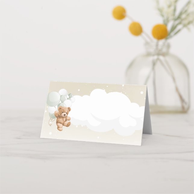 Cartão De Mesa Teddy Bear with Sage Balloons  Place Cards (Frente)