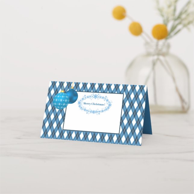 Cartão De Mesa Tema Azul e Branco Feliz Natal (Frente)
