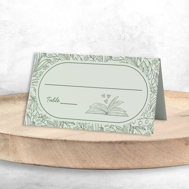 Cartão De Mesa Tema do Livro Floral Salvia Verde Chá de Noiva (Book Theme Floral Sage Green Bridal Shower Place Card)