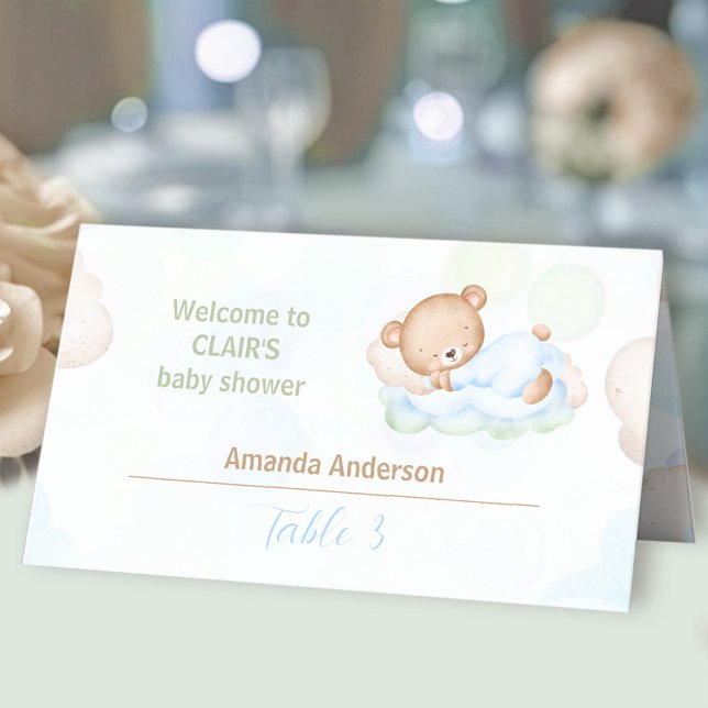 Cartão De Mesa Tent de Chá de fraldas Verde- do Urso Azul (Teddy Bear Blue Green Boy Baby Shower Tent Place Card)