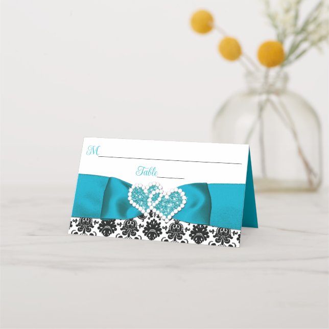 Cartão De Mesa Turquesa, Black Damask Love Heart Casamento (Frente)