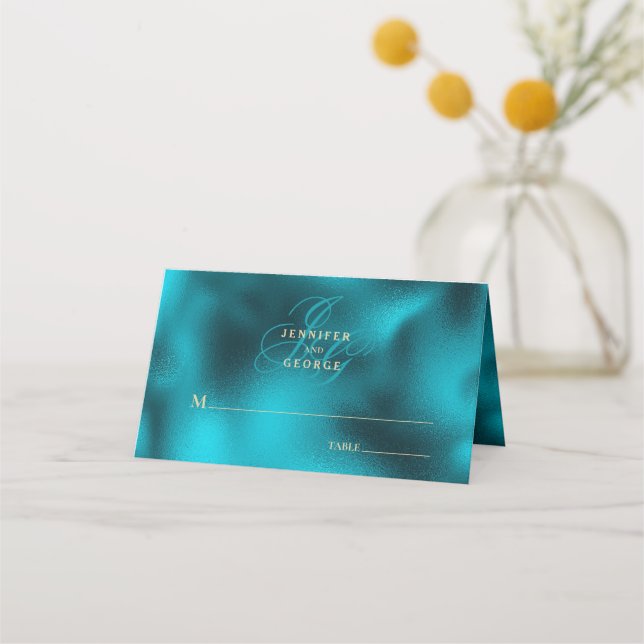 Cartão De Mesa Turquoise metallic monogram initials wedding (Frente)