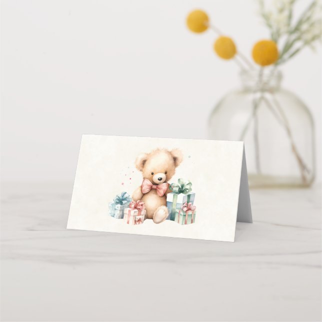 Cartão De Mesa Urso de Teddy Bonito com Presentes de Natal (Frente)