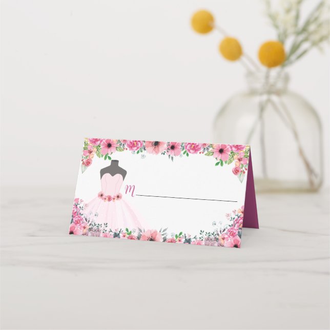 Cartão De Mesa Vazio do Partido do Vestido de Quinceanera Floral  (Frente)