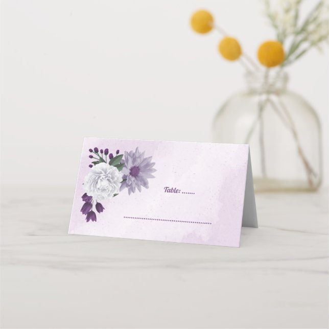 Cartão De Mesa Verde floral roxo e branco romântico (Frente)