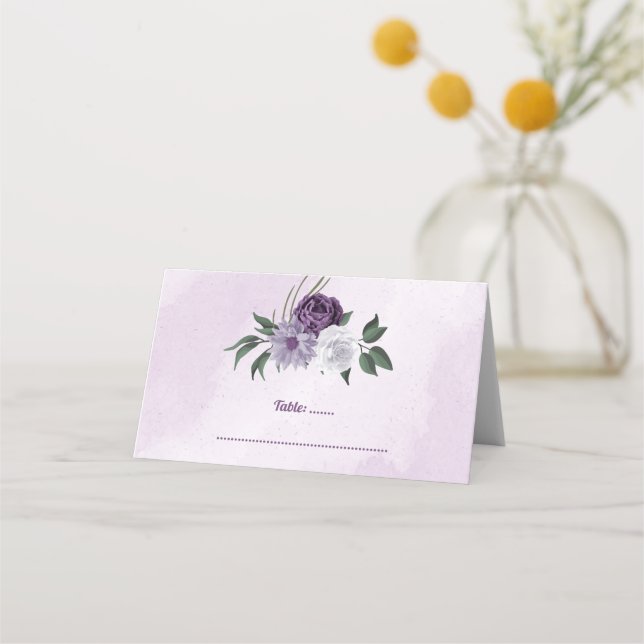 Cartão De Mesa Verde floral roxo e branco romântico (Frente)