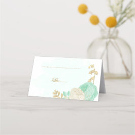 Cartão De Mesa verde menta & flores brancas dourado botânico casa
