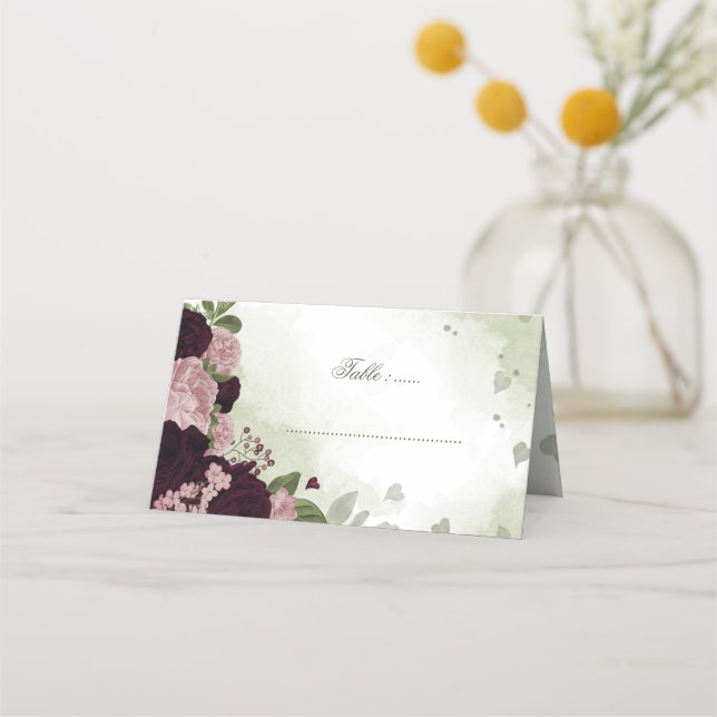 Cartão De Mesa verde rosa e flor de ameixa (Frente)