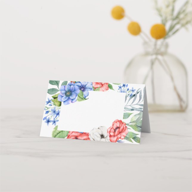 Cartão De Mesa Vermelho Branco e Azul Floral Patriótico  (Frente)