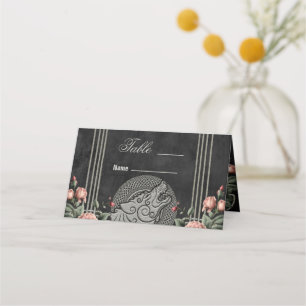 Cartão De Mesa Viking Wolf & Rosas. Cabeça de lobo estilizada