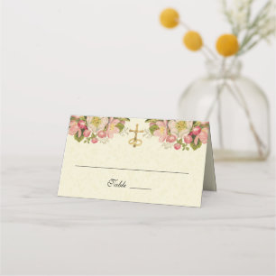 Cartão De Mesa Vintage Cherry Blossoms Elegante Casamento Católic