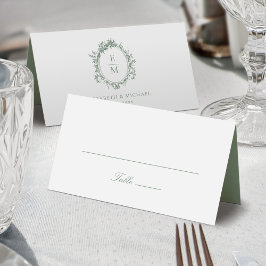 Cartão De Mesa Vintage Crest Monograma Botânico Casamento Verde