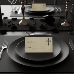 Cartão De Mesa Vintage Gothic Black Toile Cross Tan Wedding