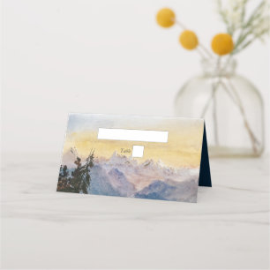 Cartão De Mesa Watercolor Blue Mounains Pine Weding