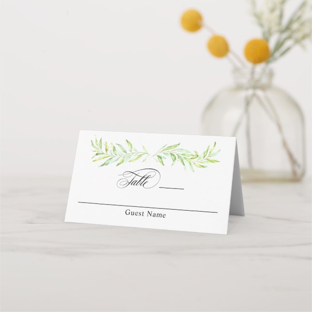 Cartão De Mesa Watercolor Greenery Laurel Wreath Wedding (Frente)
