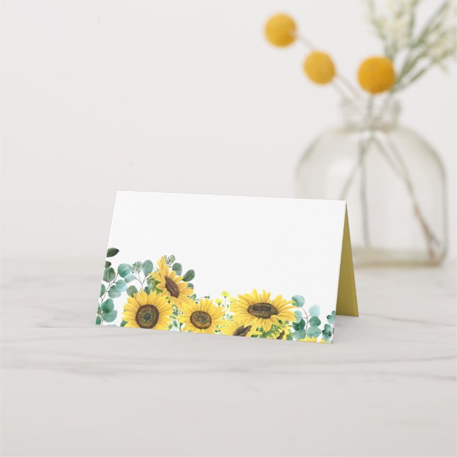 Cartão De Mesa Watercolor Sunflower e Eucalyptus Wedding (Frente)